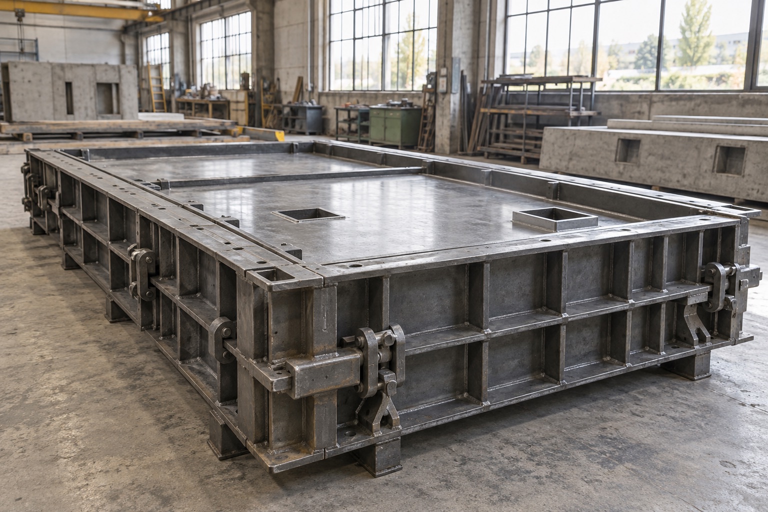 Illustrative steel concrete mould in a workshop